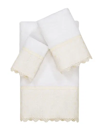 Linum Home Textiles 100% Turkish Cotton Arian 3pc Cream Lace Embellished Towel Set In White