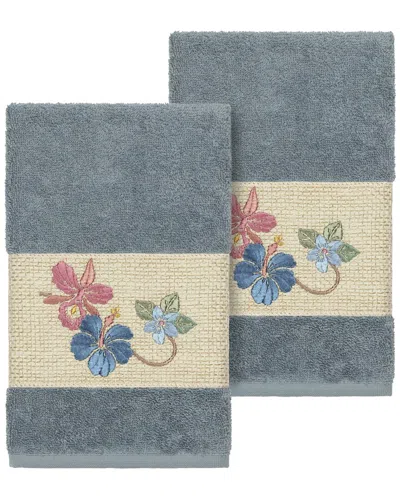 Linum Home Textiles 100% Turkish Cotton Caroline 2pc Embellished Hand Towel  Set In Blue