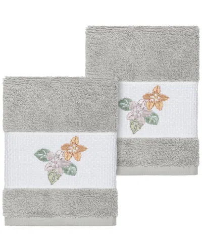 Linum Home Textiles 100% Turkish Cotton Caroline 2pc Embellished Washcloth Set In Gray