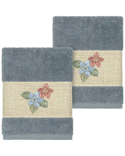 Linum Home Textiles 100% Turkish Cotton Caroline 2pc Embellished Washcloth Set In Blue