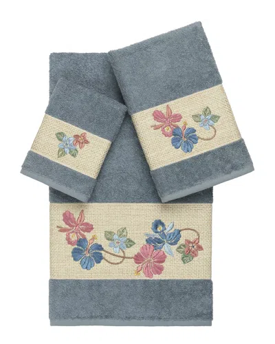 Linum Home Textiles 100% Turkish Cotton Caroline 3pc Embellished Towel Set In Blue