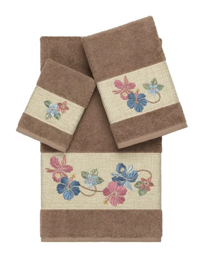 Linum Home Textiles 100% Turkish Cotton Caroline 3pc Embellished Towel Set In Brown