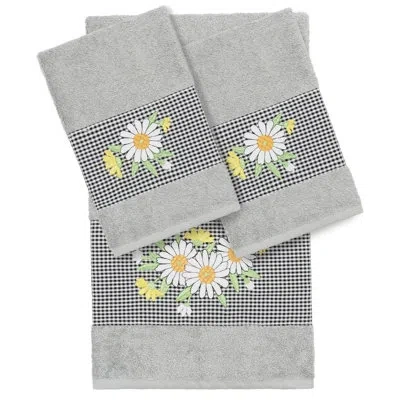 Linum Home Textiles 100% Turkish Cotton Daisy 3 Piece Embellished Towel Set In Light Gray