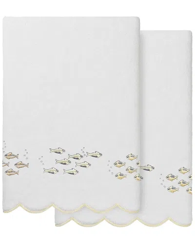 Linum Home Textiles 100% Turkish Cotton Fish School Scallop 2pc Embellished  Bath Towel Set In White