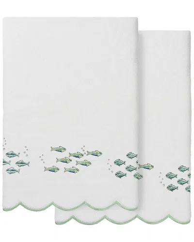 Linum Home Textiles 100% Turkish Cotton Fish School Scallop 2pc Embellished  Bath Towel Set In White