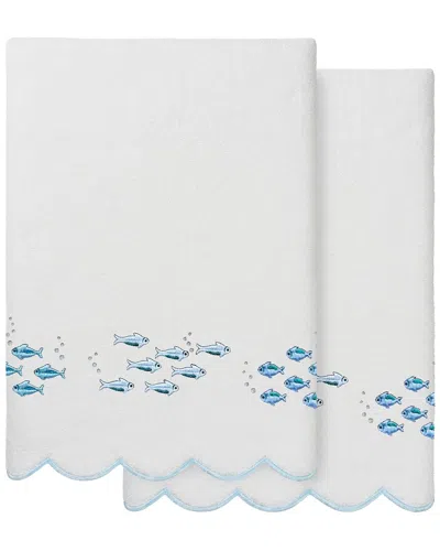 Linum Home Textiles 100% Turkish Cotton Fish School Scallop 2pc Embellished  Bath Towel Set In White