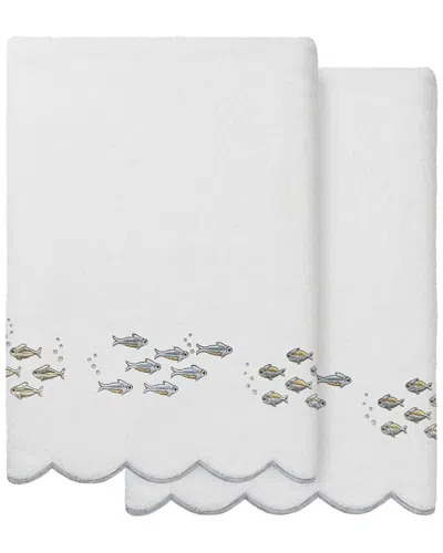 Linum Home Textiles 100% Turkish Cotton Fish School Scallop 2pc Embellished  Bath Towel Set In White