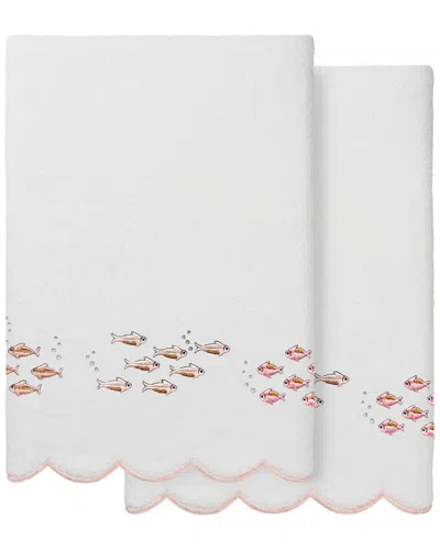 Linum Home Textiles 100% Turkish Cotton Fish School Scallop 2pc Embellished  Bath Towel Set In White