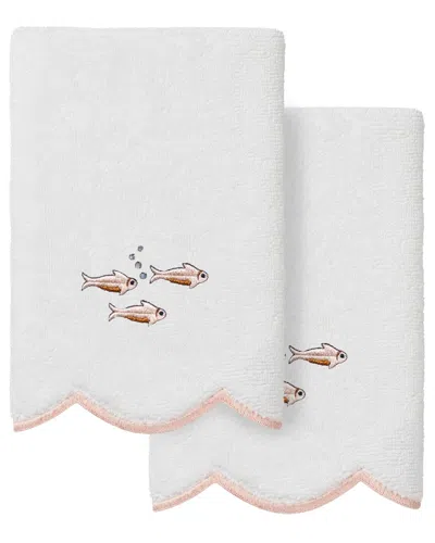 Linum Home Textiles 100% Turkish Cotton Fish School Scallop 2pc Embellished  Fingertip Towel Set In White