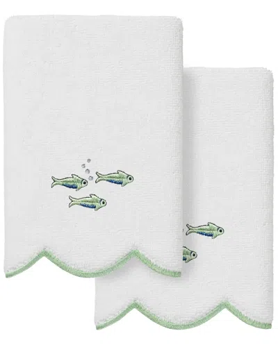 Linum Home Textiles 100% Turkish Cotton Fish School Scallop 2pc Embellished  Fingertip Towel Set In White