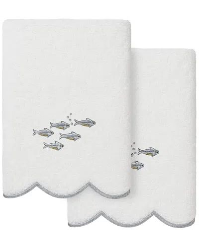 Linum Home Textiles 100% Turkish Cotton Fish School Scallop 2pc Embellished  Hand Towel Set In White