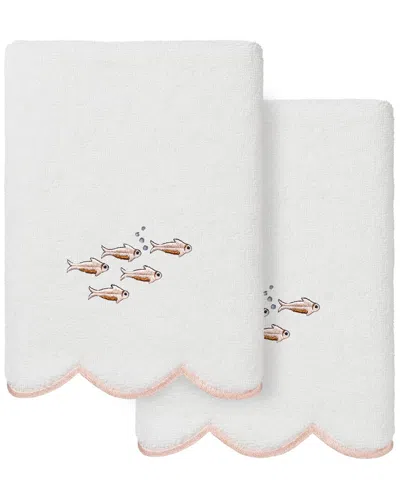 Linum Home Textiles 100% Turkish Cotton Fish School Scallop 2pc Embellished  Hand Towel Set In White