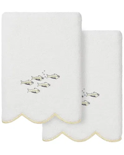 Linum Home Textiles 100% Turkish Cotton Fish School Scallop 2pc Embellished  Hand Towel Set In White