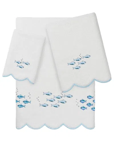 Linum Home Textiles 100% Turkish Cotton Fish School Scallop 3pc Embellished  Towel Set In White