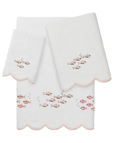 Linum Home Textiles 100% Turkish Cotton Fish School Scallop 3pc Embellished  Towel Set In White