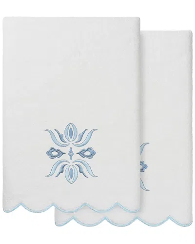 Linum Home Textiles 100% Turkish Cotton Flower Crest Scallop 2pc Embellished  Bath Towel Set In White