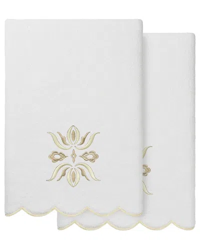 Linum Home Textiles 100% Turkish Cotton Flower Crest Scallop 2pc Embellished  Bath Towel Set In White
