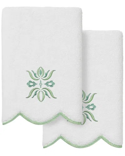 Linum Home Textiles 100% Turkish Cotton Flower Crest Scallop 2pc Embellished  Fingertip Towel Set In Green