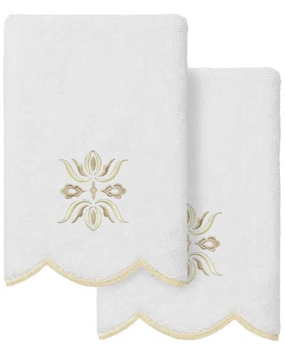 Linum Home Textiles 100% Turkish Cotton Flower Crest Scallop 2pc Embellished  Fingertip Towel Set In White