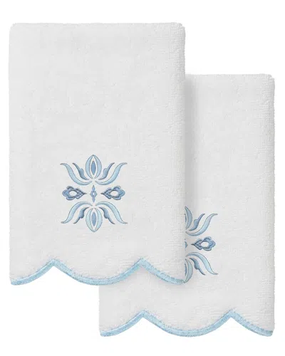 Linum Home Textiles 100% Turkish Cotton Flower Crest Scallop 2pc Embellished  Fingertip Towel Set In White