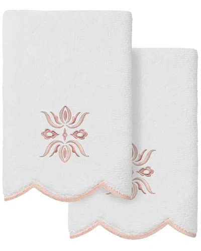 Linum Home Textiles 100% Turkish Cotton Flower Crest Scallop 2pc Embellished  Fingertip Towel Set In White