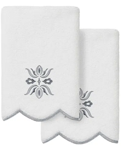 Linum Home Textiles 100% Turkish Cotton Flower Crest Scallop 2pc Embellished  Fingertip Towel Set In White