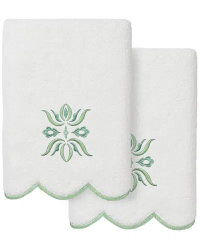 Linum Home Textiles 100% Turkish Cotton Flower Crest Scallop 2pc Embellished  Hand Towel Set In Green
