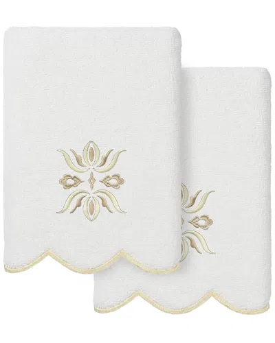 Linum Home Textiles 100% Turkish Cotton Flower Crest Scallop 2pc Embellished  Hand Towel Set In White