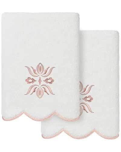 Linum Home Textiles 100% Turkish Cotton Flower Crest Scallop 2pc Embellished  Hand Towel Set In White