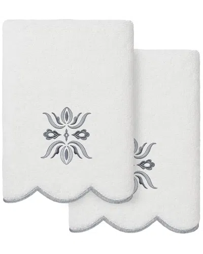 Linum Home Textiles 100% Turkish Cotton Flower Crest Scallop 2pc Embellished  Hand Towel Set In White