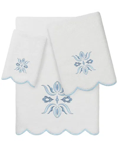 Linum Home Textiles 100% Turkish Cotton Flower Crest Scallop 3pc Embellished  Towel Set In Blue