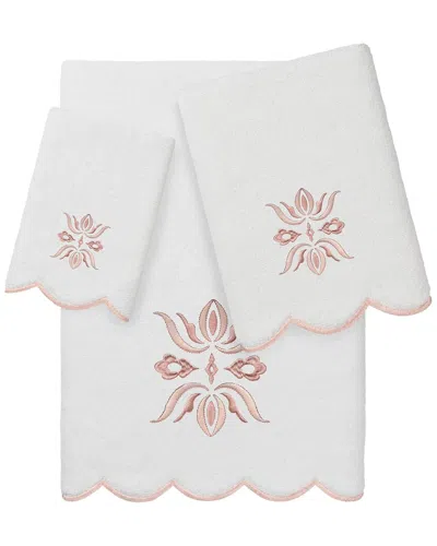 Linum Home Textiles 100% Turkish Cotton Flower Crest Scallop 3pc Embellished  Towel Set In Pink