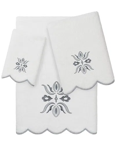Linum Home Textiles 100% Turkish Cotton Flower Crest Scallop 3pc Embellished  Towel Set In White