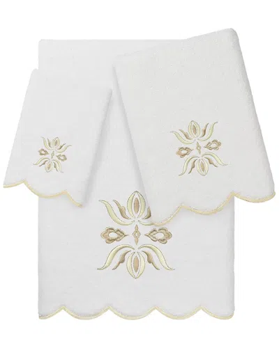 Linum Home Textiles 100% Turkish Cotton Flower Crest Scallop 3pc Embellished  Towel Set In White