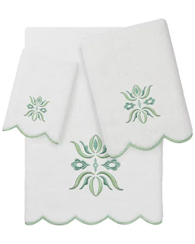 Linum Home Textiles 100% Turkish Cotton Flower Crest Scallop 3pc Embellished  Towel Set In White