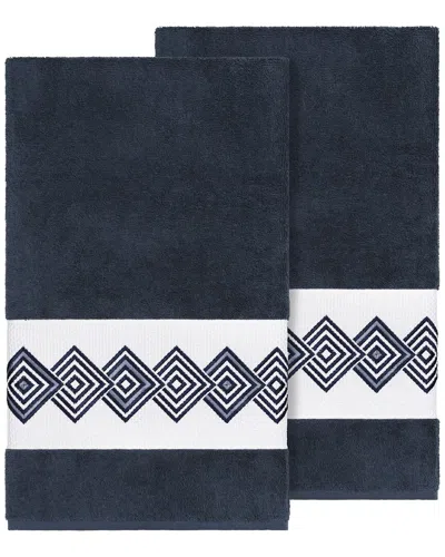 Linum Home Textiles 100% Turkish Cotton Noah 2pc Embellished Bath Towel Set In Blue