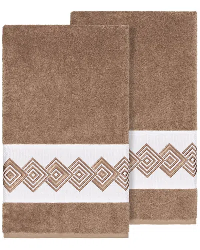 Linum Home Textiles 100% Turkish Cotton Noah 2pc Embellished Bath Towel Set In Brown