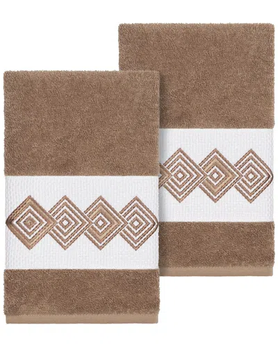 Linum Home Textiles 100% Turkish Cotton Noah 2pc Embellished Hand Towel Set In Brown