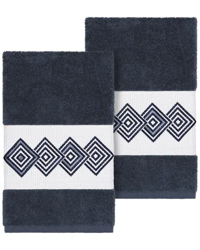 Linum Home Textiles 100% Turkish Cotton Noah 2pc Embellished Hand Towel Set In Blue