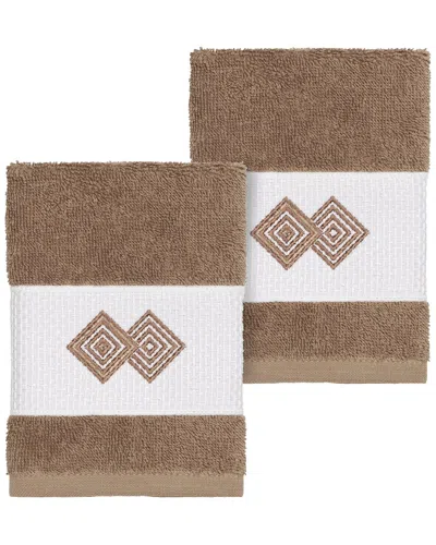Linum Home Textiles 100% Turkish Cotton Noah 2pc Embellished Washcloth Set In Brown
