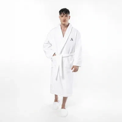 Linum Home Textiles 100% Turkish Cotton Personalized Unisex Anovia Velour Bathrobe - Black Bookman Font In White