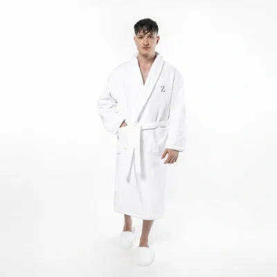 Linum Home Textiles 100% Turkish Cotton Personalized Unisex Anovia Velour Bathrobe - Grey Bookman Font In White