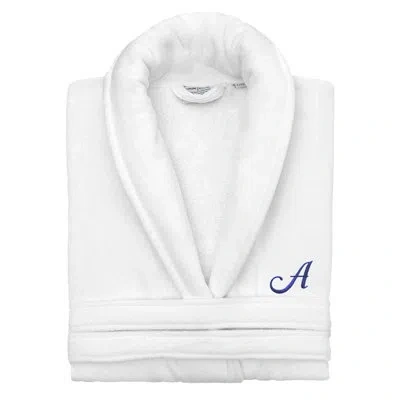 Linum Home Textiles 100% Turkish Cotton Personalized Unisex Anovia Velour Bathrobe - Navy Script Font