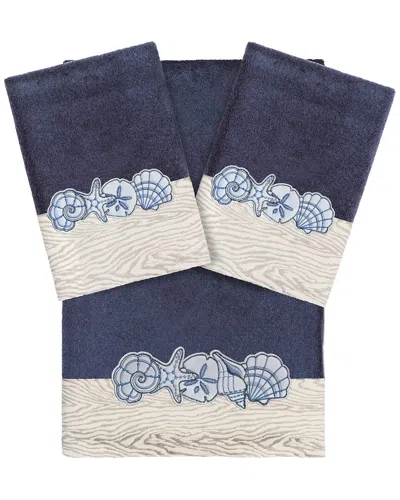 Linum Home Textiles 100% Turkish Cotton Shell Row 3pc Embellished Towel Set In Blue
