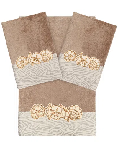 Linum Home Textiles 100% Turkish Cotton Shell Row 3pc Embellished Towel Set In Brown