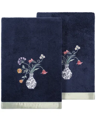 Linum Home Textiles 100% Turkish Cotton Stella 2pc Embellished Bath Towel Set In Blue