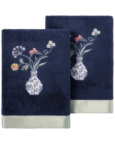 Linum Home Textiles 100% Turkish Cotton Stella 2pc Embellished Hand Towel Set In Blue