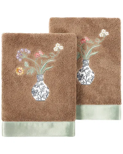 Linum Home Textiles 100% Turkish Cotton Stella 2pc Embellished Hand Towel Set In Brown