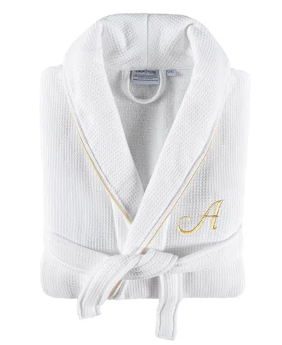 LINUM HOME TEXTILES 100% TURKISH COTTON UNISEX PERSONALIZED WAFFLE WEAVE TERRY BATHROBE WITH SATIN PIPED TRIM