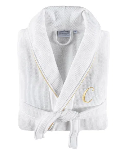 Linum Home Textiles 100% Turkish Cotton Unisex Personalized Waffle Weave Terry Bathrobe With Satin Piped Trim In White